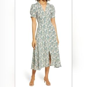 Floret Studios Blue Green Floral Chiffon Midi Dress Puff Sleeve Sz L - READ DESC